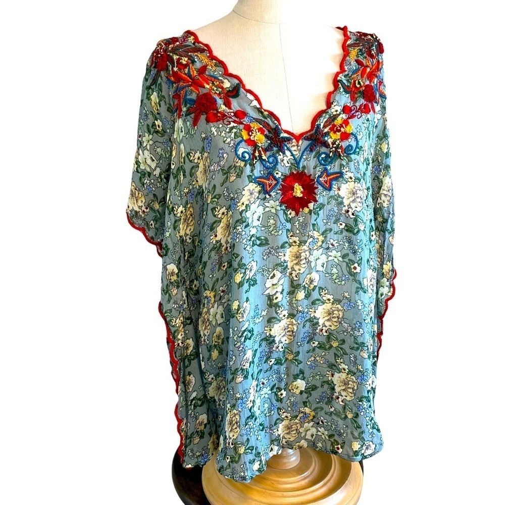 Zara Green floral embroidered top with red stitched edges - Size Medium